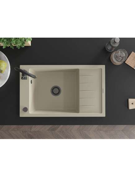 Mexen Elias zlewozmywak granitowy 1-komorowy z ociekaczem 795 x 480 mm, beżowy, syfon czarny - 6511791005-69-B, изображение 4