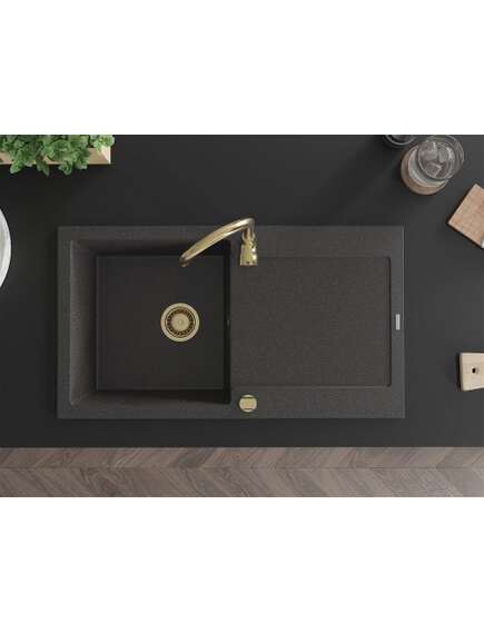 Mexen Leo zlewozmywak granitowy 1-komorowy z ociekaczem 900 x 500 mm, czarny nakrapiany, syfon złoty - 6501901010-76-G, изображение 4