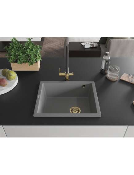 Mexen Pedro zlewozmywak granitowy 1-komorowy 560 x 460 mm, szary, syfon złoty - 6508561000-71-G, 3 image