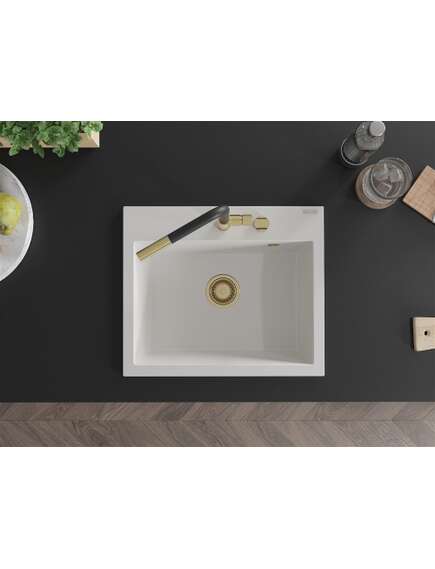 Mexen Oscar zlewozmywak granitowy 1-komorowy 580 x 490 mm, biały, syfon złoty - 6519581000-20-G, изображение 4