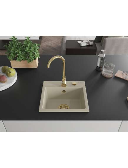 Mexen Milo zlewozmywak granitowy 1-komorowy 435 x 410 mm, beżowy, syfon złoty - 6505441000-69-G, изображение 3