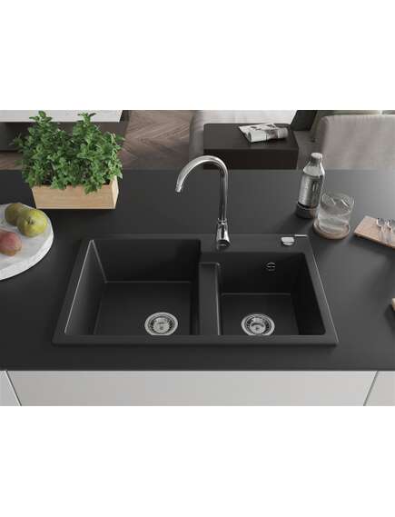 Mexen Tomas zlewozmywak granitowy 2-komorowy 800 x 500 mm, czarny, syfon chrom - 6516802000-77, изображение 3