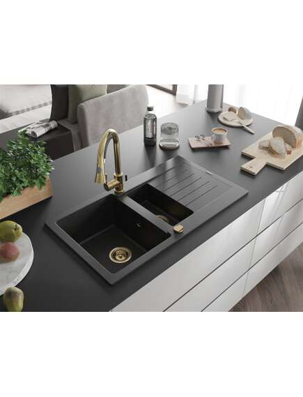 Mexen Matias zlewozmywak granitowy 1,5-komorowy z ociekaczem 900 x 505 mm, czarny/srebrny metalik, syfon złoty - 6502901505-73-G, изображение 2