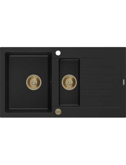 Mexen Matias zlewozmywak granitowy 1,5-komorowy z ociekaczem 900 x 505 mm, czarny, syfon złoty - 6502901505-77-G