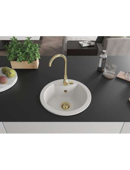 Mexen Diego zlewozmywak granitowy 1-komorowy 488 x 480 mm, biały, syfon złoty - 6512481000-20-G, изображение 3