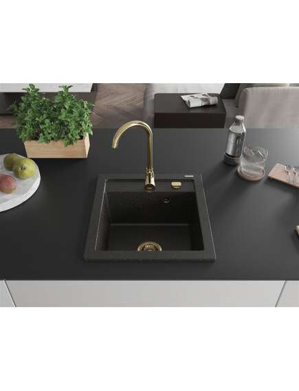 Mexen Vito zlewozmywak granitowy 1-komorowy 520 x 490 mm, czarny/złoty metalik, syfon złoty - 6503521000-75-G, 3 image