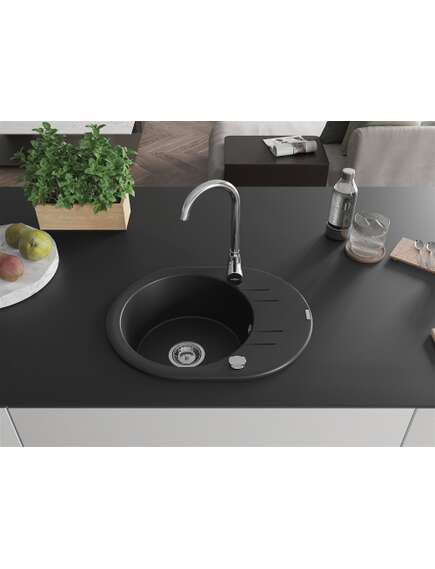 Mexen Kevin zlewozmywak granitowy 1-komorowy z ociekaczem 586 x 458 mm, czarny, syfon chrom - 6517581005-77, 3 image