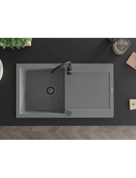 Mexen Leo zlewozmywak granitowy 1-komorowy z ociekaczem 900 x 500 mm, szary, syfon czarny - 6501901010-71-B, изображение 4