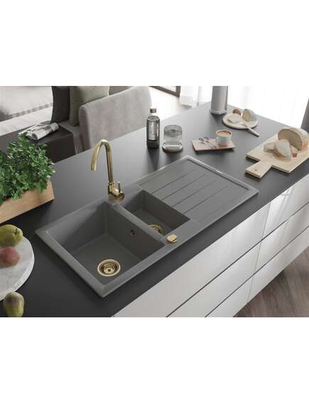 Mexen Andres zlewozmywak granitowy 1,5-komorowy z ociekaczem 1000 x 500 mm, szary, syfon złoty - 6515101510-71-G, изображение 2