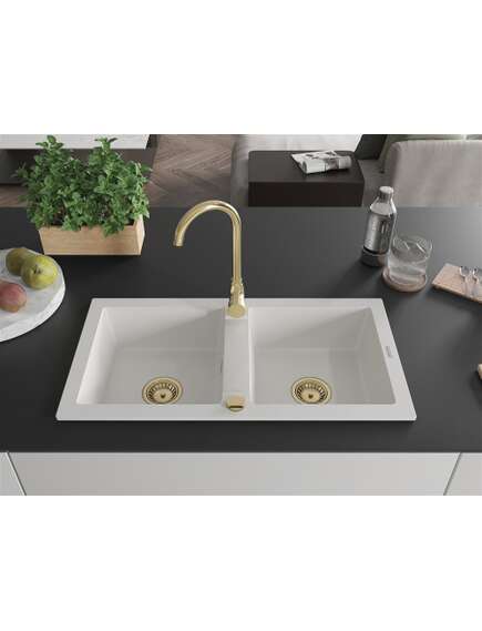 Mexen Mario zlewozmywak granitowy 2-komorowy 820 x 436 mm, biały, syfon złoty - 6504822000-20-G, изображение 3