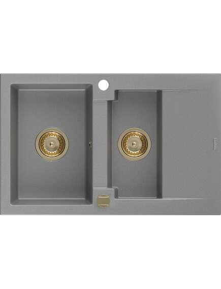 Mexen Gaspar zlewozmywak granitowy 1,5-komorowy z ociekaczem 737 x 475 mm, szary, syfon złoty - 6507731505-71-G
