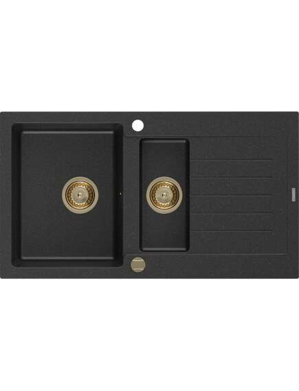 Mexen Matias zlewozmywak granitowy 1,5-komorowy z ociekaczem 900 x 505 mm, czarny/srebrny metalik, syfon złoty - 6502901505-73-G