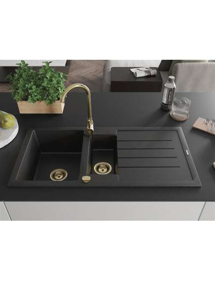 Mexen Andres zlewozmywak granitowy 1,5-komorowy z ociekaczem 1000 x 500 mm czarny/srebrny metalik, syfon złoty - 6515101510-73-G, изображение 3