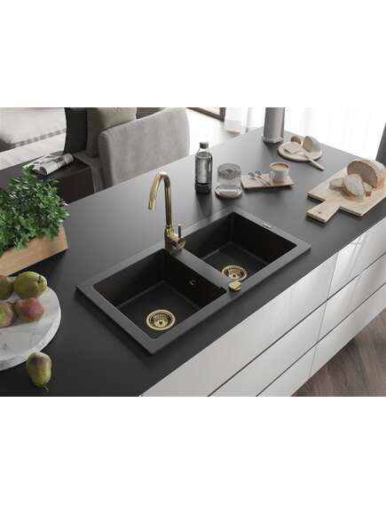 Mexen Mario zlewozmywak granitowy 2-komorowy 820 x 436 mm, czarny/srebrny metalik, syfon złoty - 6504822000-73-G, изображение 2