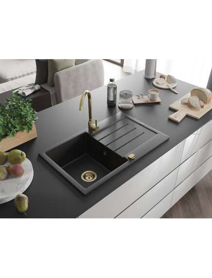 Mexen Bruno zlewozmywak granitowy 1-komorowy z ociekaczem 795 x 495 mm, czarny/srebrny metalik, syfon złoty - 6513791010-73-G, изображение 2