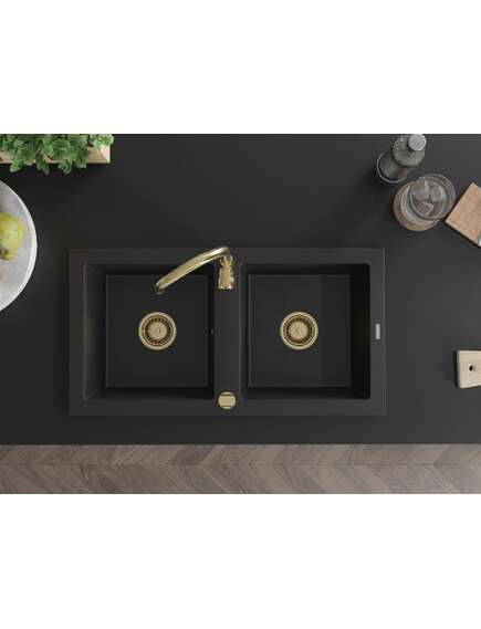 Mexen Mario zlewozmywak granitowy 2-komorowy 820 x 436 mm, czarny, syfon złoty - 6504822000-77-G, изображение 4