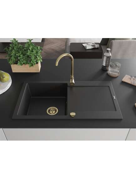 Mexen Leo zlewozmywak granitowy 1-komorowy z ociekaczem 900 x 500 mm, czarny, syfon złoty - 6501901010-77-G, изображение 3