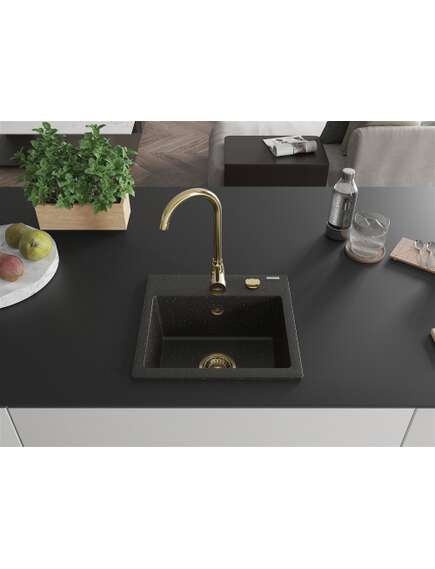 Mexen Milo zlewozmywak granitowy 1-komorowy 435 x 410 mm,  czarny/złoty metalik, syfon złoty - 6505441000-75-G, 3 image