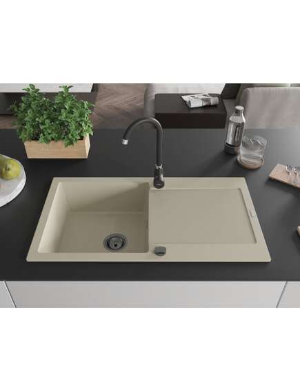 Mexen Leo zlewozmywak granitowy 1-komorowy z ociekaczem 900 x 500 mm, beżowy, syfon czarny - 6501901010-69-B, изображение 3