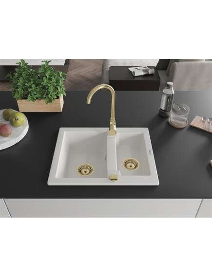 Mexen Carlos zlewozmywak granitowy 1,5-komorowy 582 x 475 mm, biały, syfon złoty - 6518581500-20-G, изображение 3