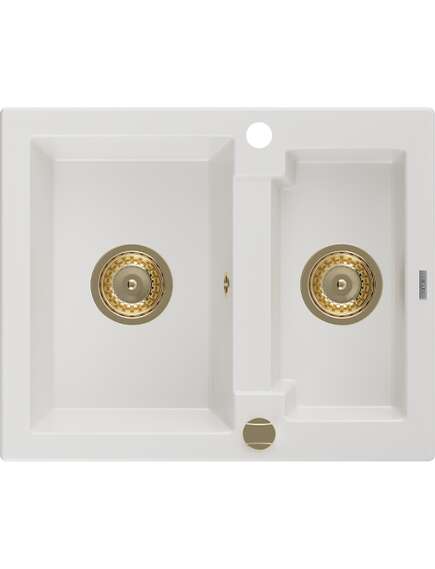 Mexen Carlos zlewozmywak granitowy 1,5-komorowy 582 x 475 mm, biały, syfon złoty - 6518581500-20-G
