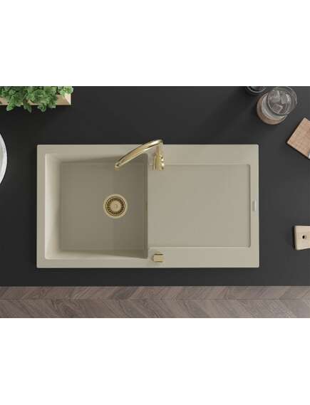 Mexen Leo zlewozmywak granitowy 1-komorowy z ociekaczem 900 x 500 mm, beżowy, syfon złoty - 6501901010-69-G, изображение 4