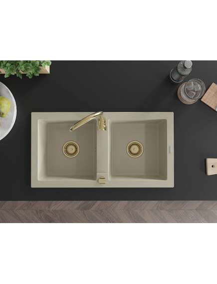 Mexen Mario zlewozmywak granitowy 2-komorowy 820 x 436 mm, beżowy, syfon złoty - 6504822000-69-G, изображение 4