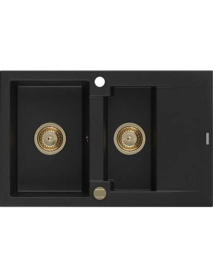 Mexen Gaspar zlewozmywak granitowy 1,5-komorowy z ociekaczem 737 x 475 mm, czarny, syfon złoty - 6507731505-77-G