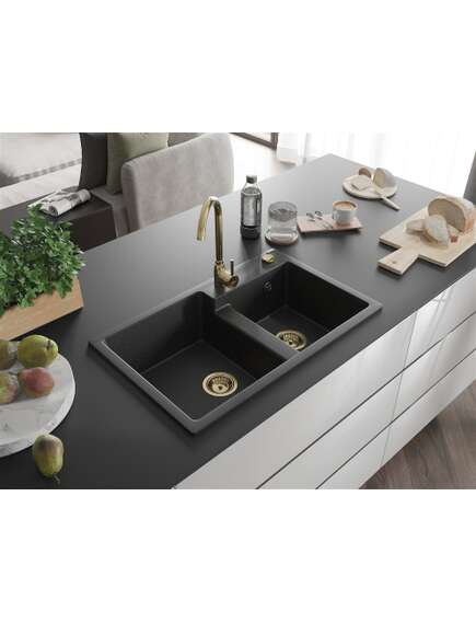 Mexen Tomas zlewozmywak granitowy 2-komorowy 800 x 500 mm, czarny/srebrny metalik, syfon złoty - 6516802000-73-G, 2 image