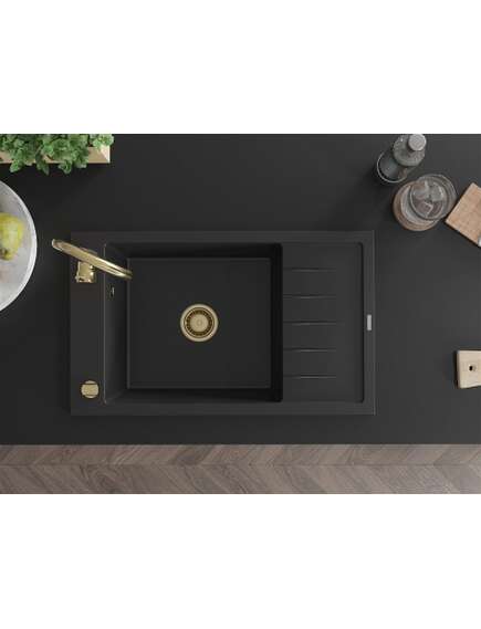 Mexen Elias zlewozmywak granitowy 1-komorowy z ociekaczem 795 x 480 mm, czarny, syfon złoty - 6511791005-77-G, 4 image