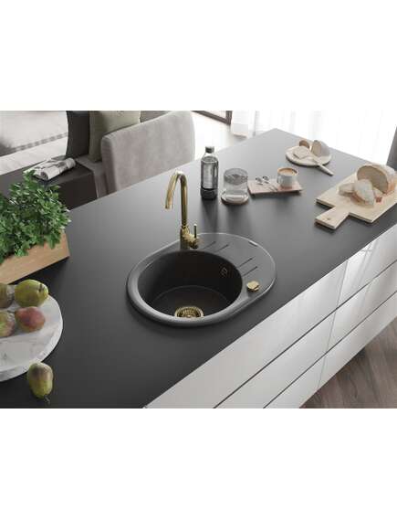 Mexen Kevin zlewozmywak granitowy 1-komorowy z ociekaczem 586 x 458 mm, czarny nakrapiany, syfon złoty - 6517581005-76-G, 2 image