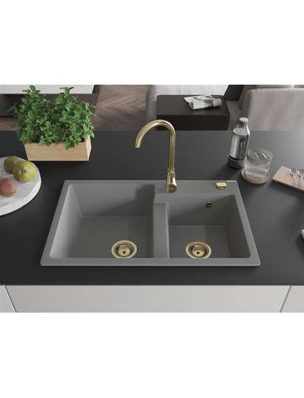 Mexen Tomas zlewozmywak granitowy 2-komorowy 800 x 500 mm, szary, syfon złoty - 6516802000-71-G, изображение 3