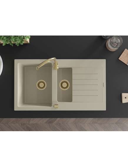 Mexen Matias zlewozmywak granitowy 1,5-komorowy z ociekaczem 900 x 505 mm, beżowy, syfon złoty - 6502901505-69-G, изображение 4