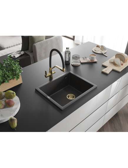 Mexen Pedro zlewozmywak granitowy 1-komorowy 560 x 460 mm, czarny nakrapiany, syfon złoty - 6508561000-76-G, изображение 2