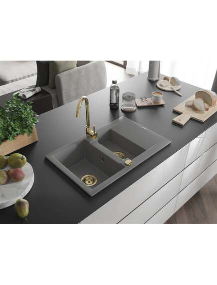 Mexen Gaspar zlewozmywak granitowy 1,5-komorowy z ociekaczem 737 x 475 mm, szary, syfon złoty - 6507731505-71-G, изображение 2