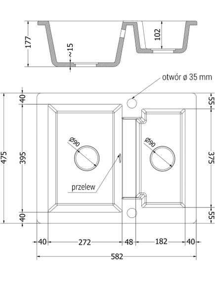 Mexen Carlos zlewozmywak granitowy 1,5-komorowy 582 x 475 mm, czarny/srebrny metalik, syfon chrom - 6518581500-73, изображение 5