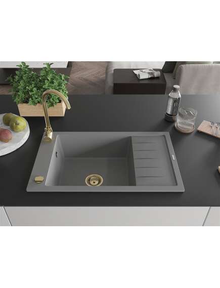 Mexen Elias zlewozmywak granitowy 1-komorowy z ociekaczem 795 x 480 mm, szary, syfon złoty - 6511791005-71-G, изображение 3