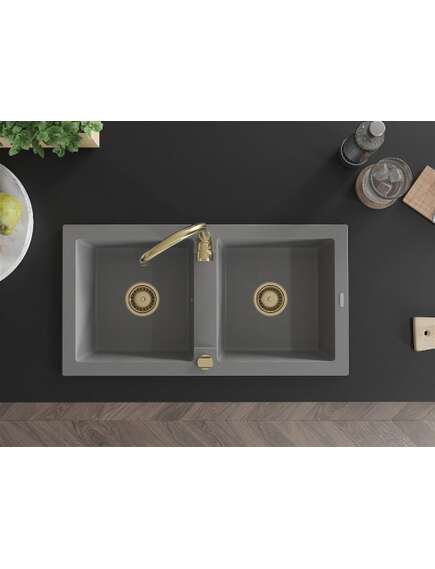 Mexen Mario zlewozmywak granitowy 2-komorowy 820 x 436 mm, szary, syfon złoty - 6504822000-71-G, 4 image