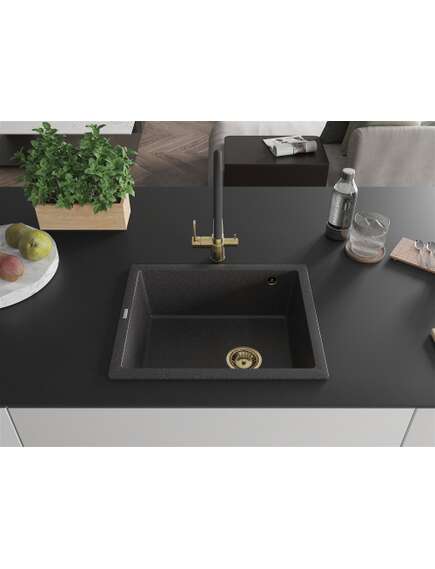 Mexen Pedro zlewozmywak granitowy 1-komorowy 560 x 460 mm, czarny nakrapiany, syfon złoty - 6508561000-76-G, изображение 3