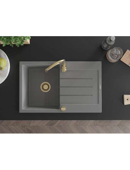 Mexen Bruno zlewozmywak granitowy 1-komorowy z ociekaczem 795 x 495 mm, szary, syfon złoty - 6513791010-71-G, изображение 4