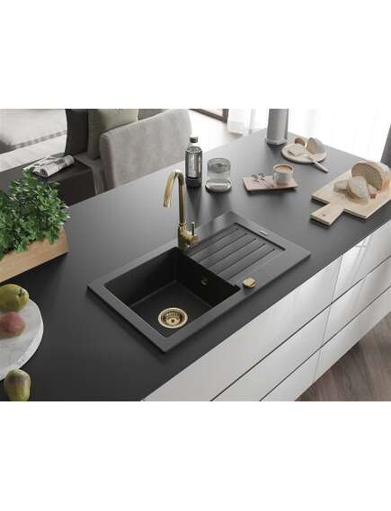 Mexen Pablo zlewozmywak granitowy 1-komorowy z ociekaczem 752 x 436 mm, czarny/srebrny metalik, syfon złoty - 6510751010-73-G, 2 image