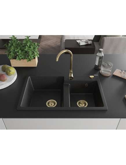 Mexen Tomas zlewozmywak granitowy 2-komorowy 800 x 500 mm, czarny/srebrny metalik, syfon złoty - 6516802000-73-G, 3 image