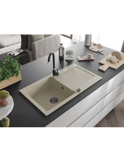Mexen Leo zlewozmywak granitowy 1-komorowy z ociekaczem 900 x 500 mm, beżowy, syfon czarny - 6501901010-69-B, изображение 2
