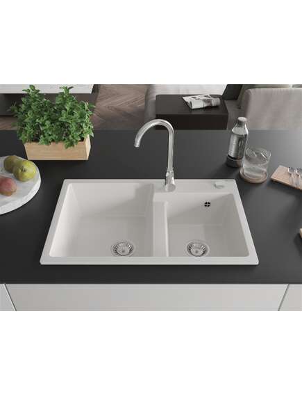 Mexen Tomas zlewozmywak granitowy 2-komorowy 800 x 500 mm, biały, syfon chrom - 6516802000-20, изображение 3