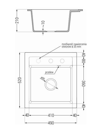 Mexen Vito zlewozmywak granitowy 1-komorowy 520 x 490 mm, czarny/srebrny metalik, syfon złoty - 6503521000-73-G, изображение 5