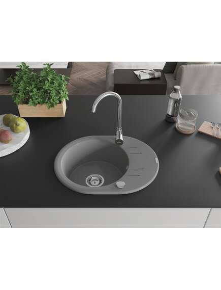 Mexen Kevin zlewozmywak granitowy 1-komorowy z ociekaczem 586 x 458 mm, szary, syfon chrom - 6517581005-71, изображение 3