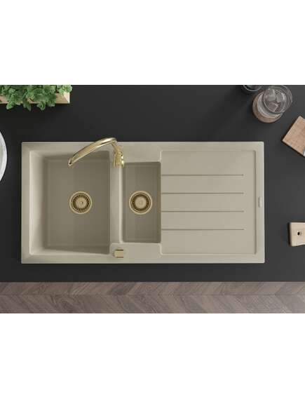 Mexen Andres zlewozmywak granitowy 1,5-komorowy z ociekaczem 1000 x 500 mm, beżowy, syfon złoty - 6515101510-69-G, изображение 4