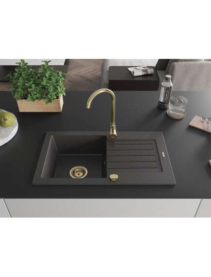 Mexen Pablo zlewozmywak granitowy 1-komorowy z ociekaczem 752 x 436 mm, czarny nakrapiany, syfon złoty - 6510751010-76-G, изображение 3