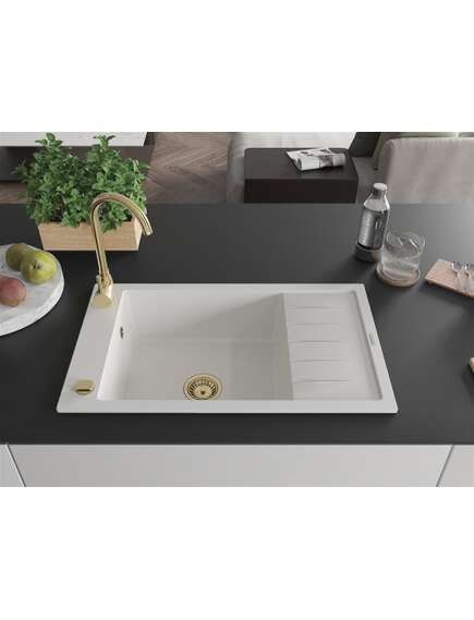 Mexen Elias zlewozmywak granitowy 1-komorowy z ociekaczem 795 x 480 mm, biały, syfon złoty - 6511791005-20-G, изображение 3