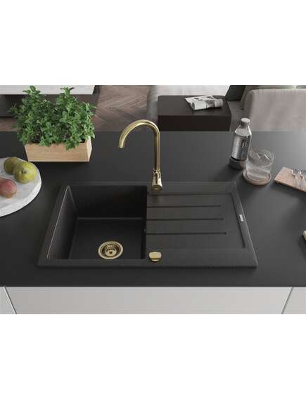 Mexen Bruno zlewozmywak granitowy 1-komorowy z ociekaczem 795 x 495 mm, czarny/srebrny metalik, syfon złoty - 6513791010-73-G, изображение 3